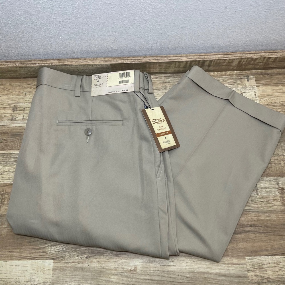 Haggar Mens Original Slacks Stone Herringbone Classic Pleated Cuffed 40X30 Pants